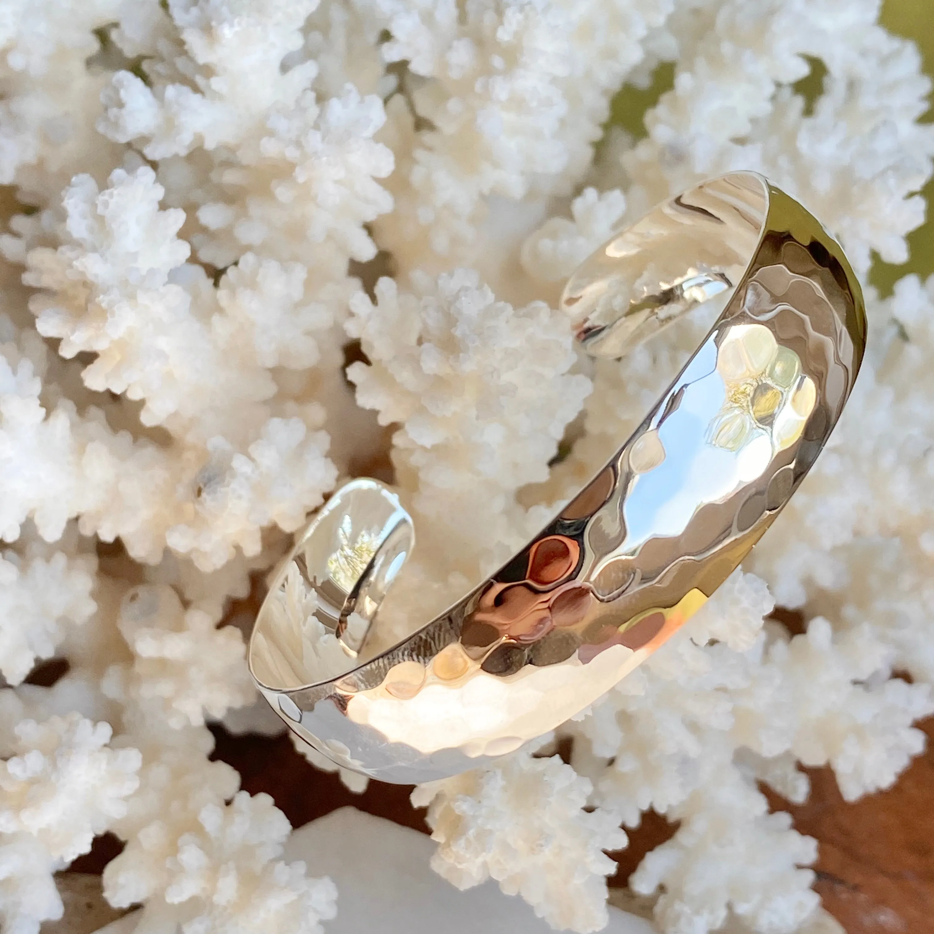 Sterling Silver Polished Hammered Cuff Bracelet 13.5mm