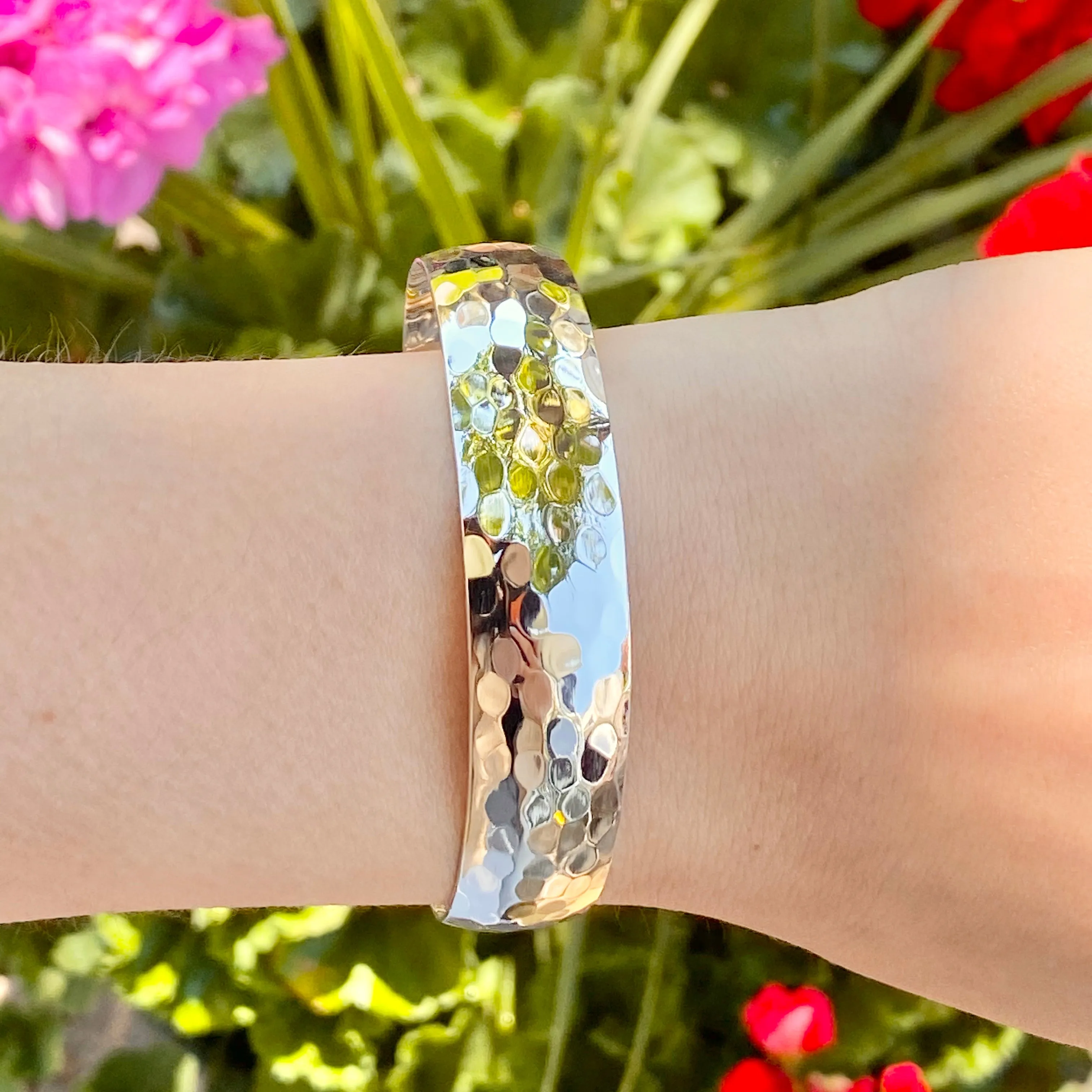 Sterling Silver Polished Hammered Cuff Bracelet 13.5mm