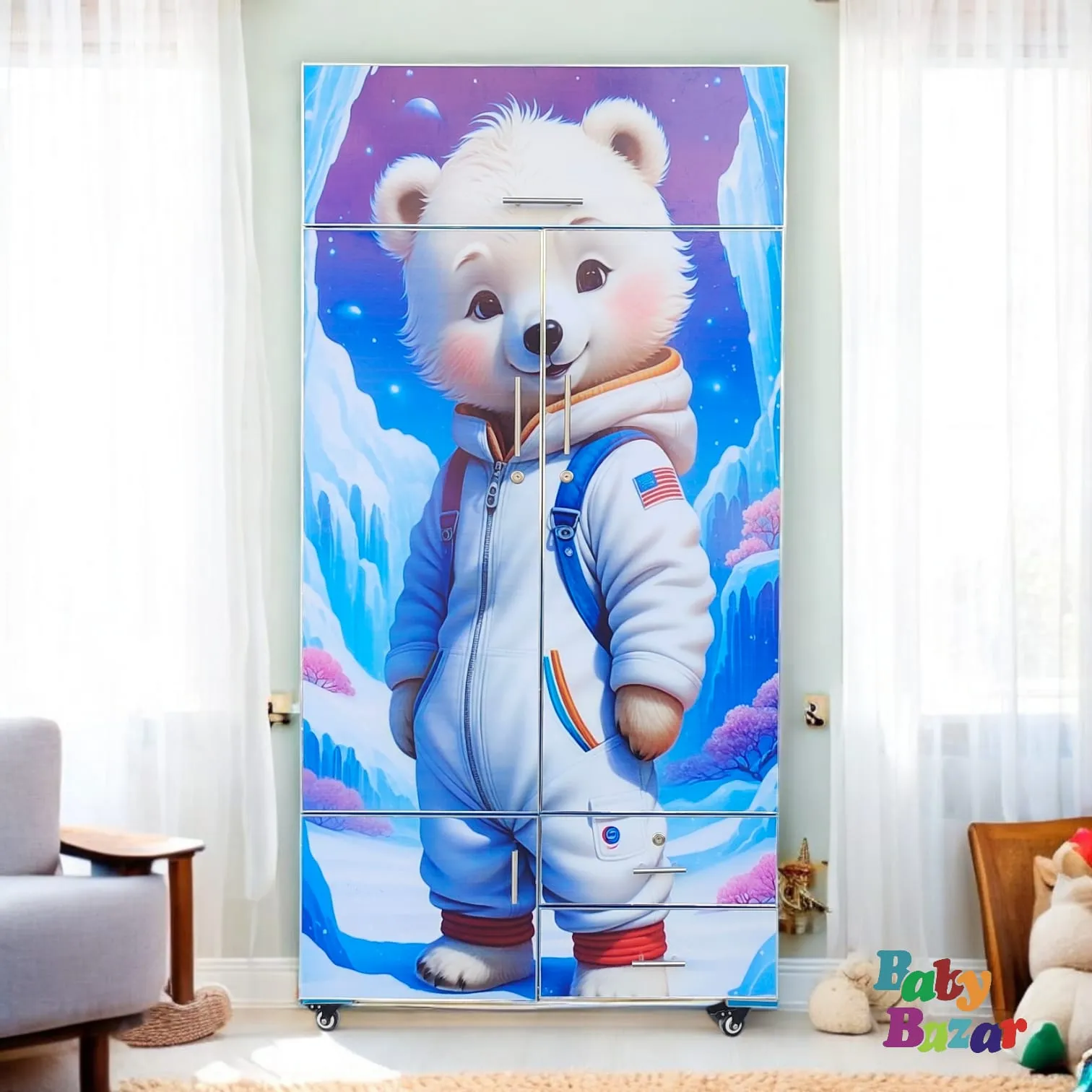 Teddy Themed Kids Wooden Cupboard 5 Hegiht Feet x 3 Width Feet Durable & Charming Storage Solution