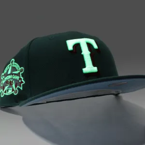 Texas Rangers 1995 All Star Game New Era 59Fifty Fitted Hat (Glow in the Dark Green Sky Blue Under Brim)