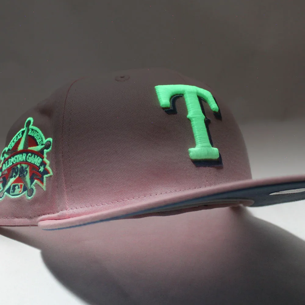 Texas Rangers 1995 All Star Game New Era 59Fifty Fitted Hat (Glow in the Dark Pink Sky Blue Under Brim)