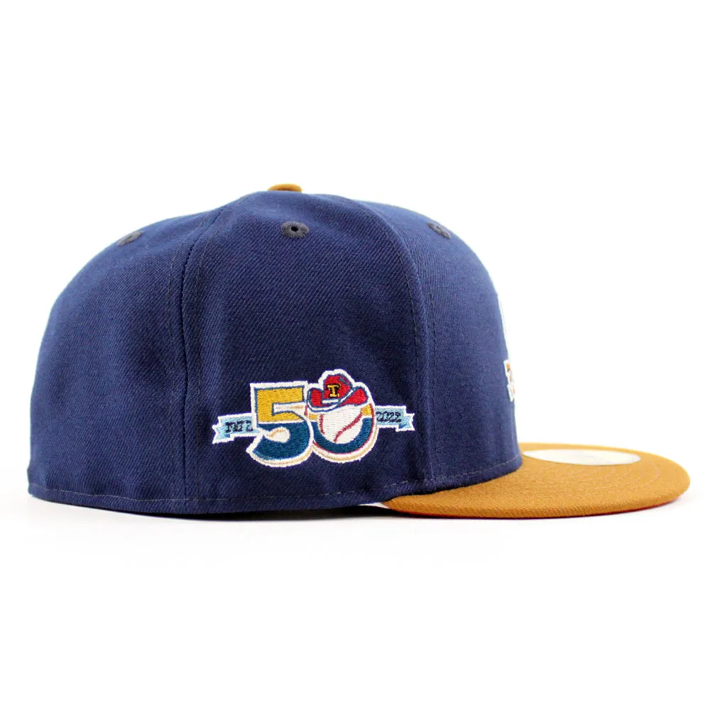 Texas Rangers 50TH ANNIVERSARY New Era 59Fifty Fitted Hat (Glow in the Dark Oceanside Peanut Pino Red Under Brim)