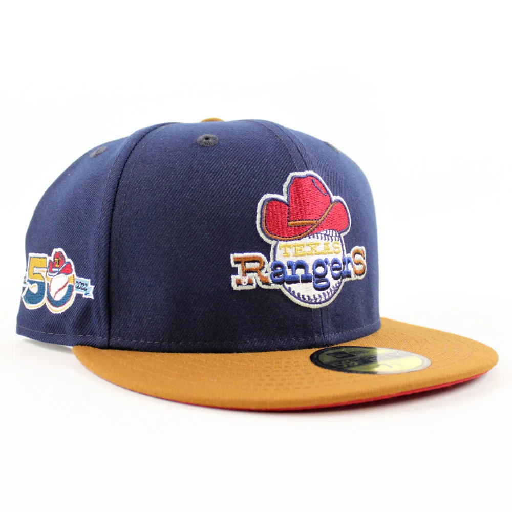 Texas Rangers 50TH ANNIVERSARY New Era 59Fifty Fitted Hat (Glow in the Dark Oceanside Peanut Pino Red Under Brim)