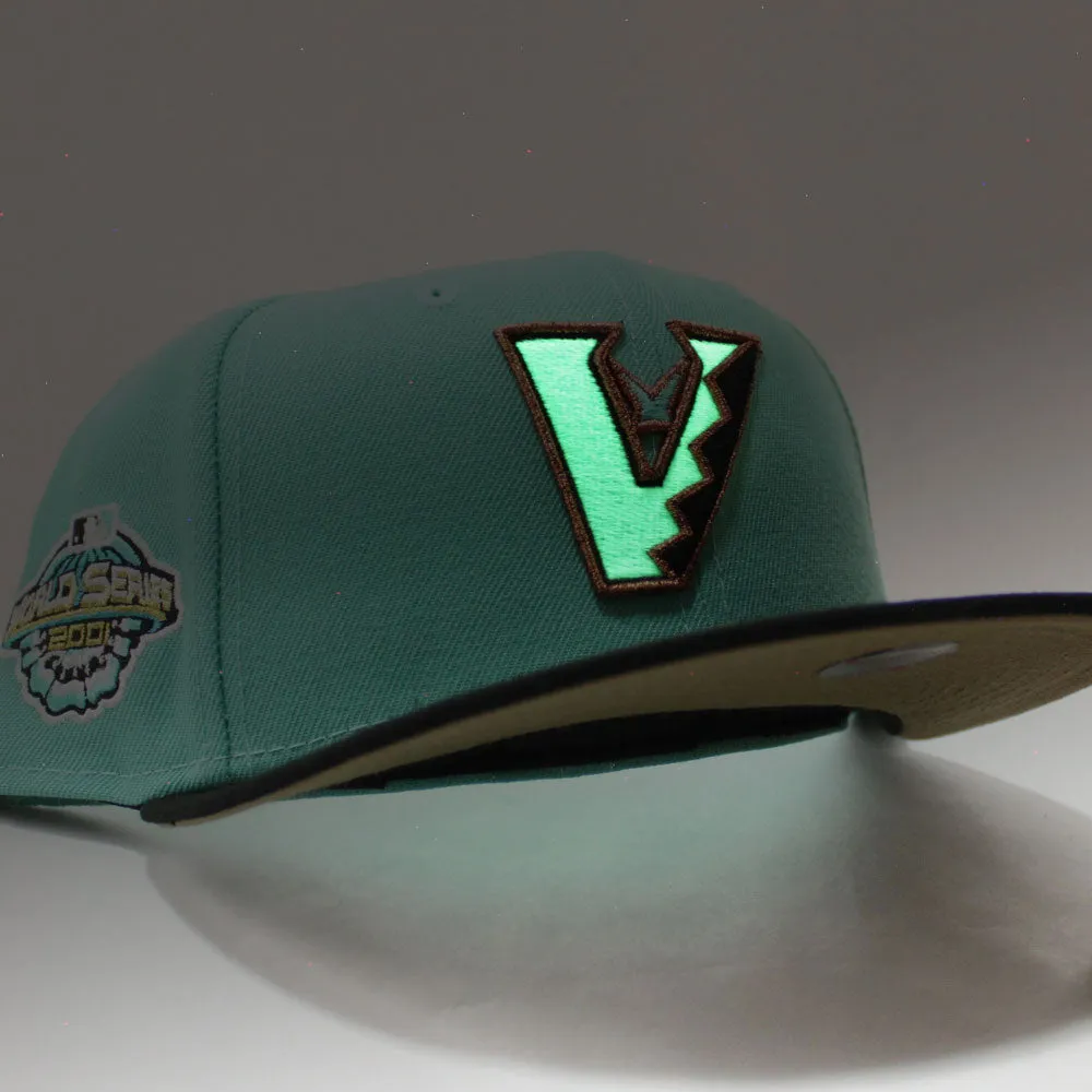 Upside Down Arizona Diamondbacks 2001 World Series New Era 59Fifty Fitted Hat (Glow in the Dark Clear Mint Black Cotton Canvas Brown Under Brim)