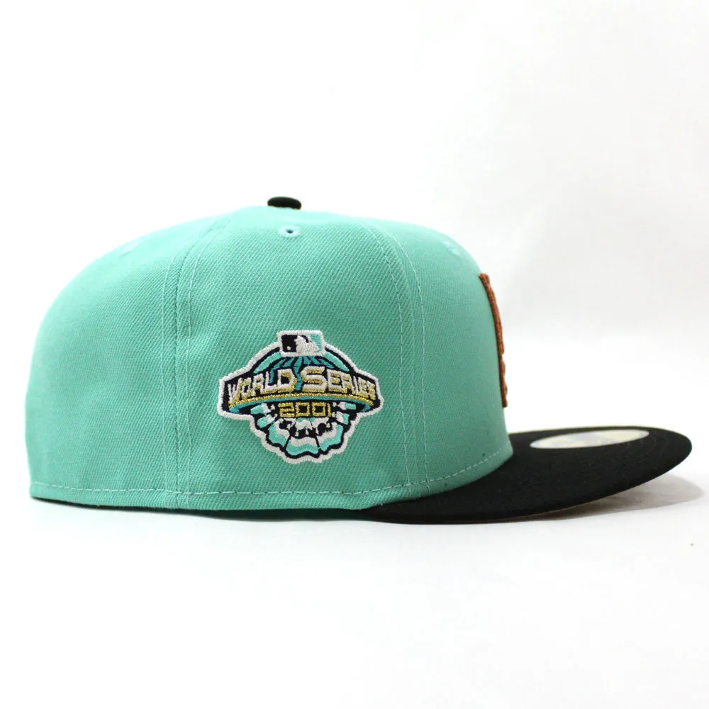 Upside Down Arizona Diamondbacks 2001 World Series New Era 59Fifty Fitted Hat (Glow in the Dark Clear Mint Black Cotton Canvas Brown Under Brim)