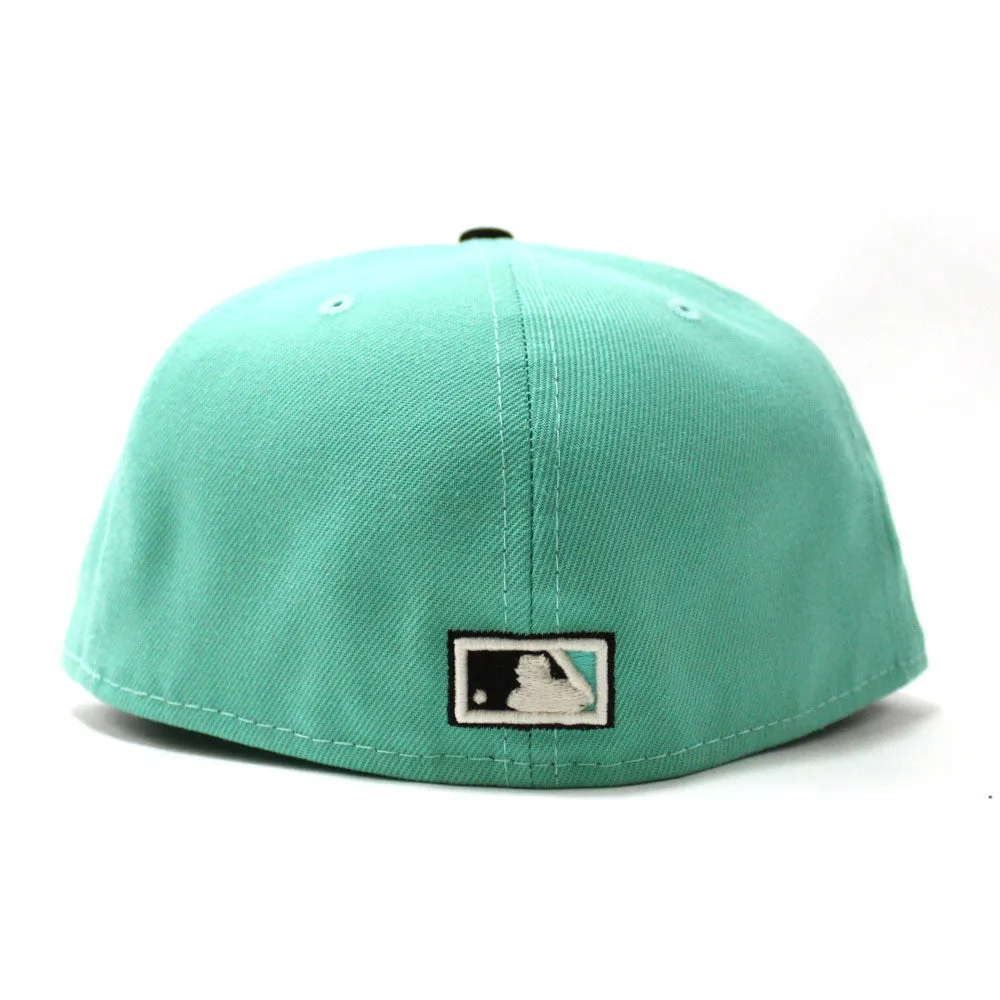 Upside Down Arizona Diamondbacks 2001 World Series New Era 59Fifty Fitted Hat (Glow in the Dark Clear Mint Black Cotton Canvas Brown Under Brim)