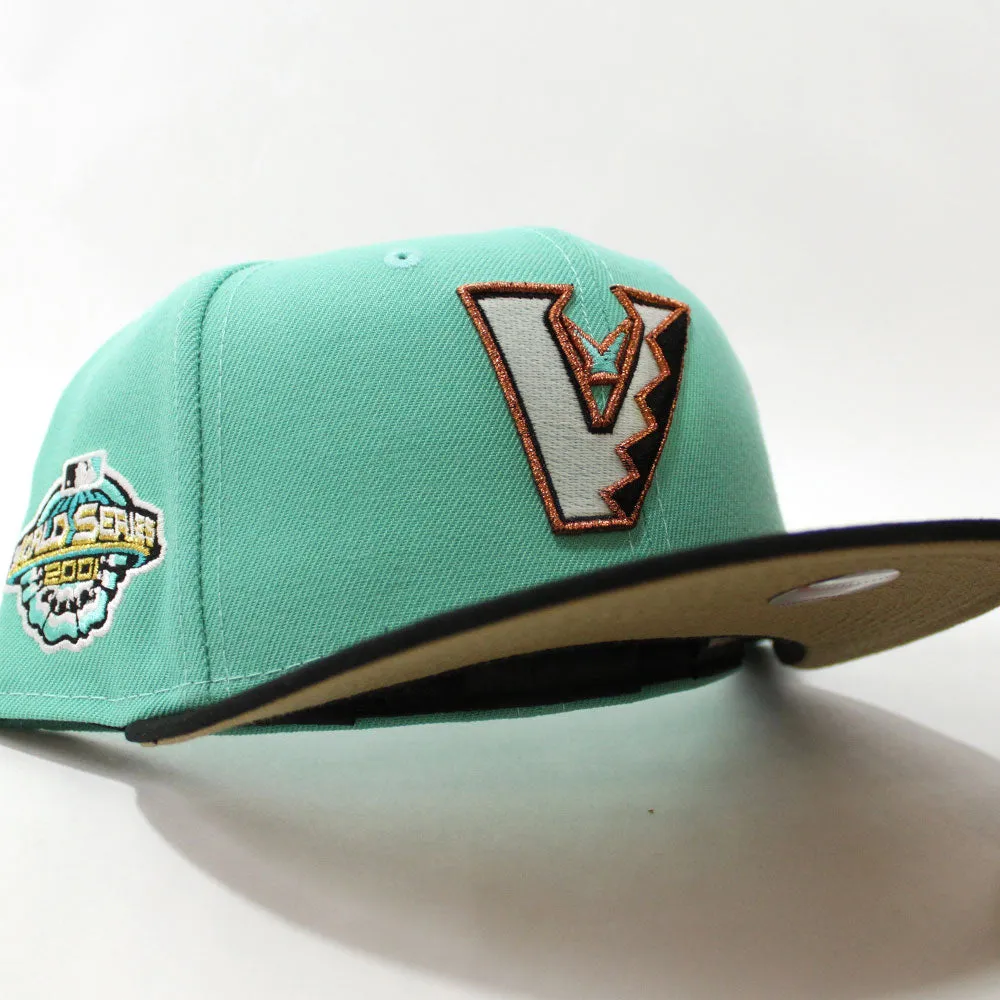 Upside Down Arizona Diamondbacks 2001 World Series New Era 59Fifty Fitted Hat (Glow in the Dark Clear Mint Black Cotton Canvas Brown Under Brim)