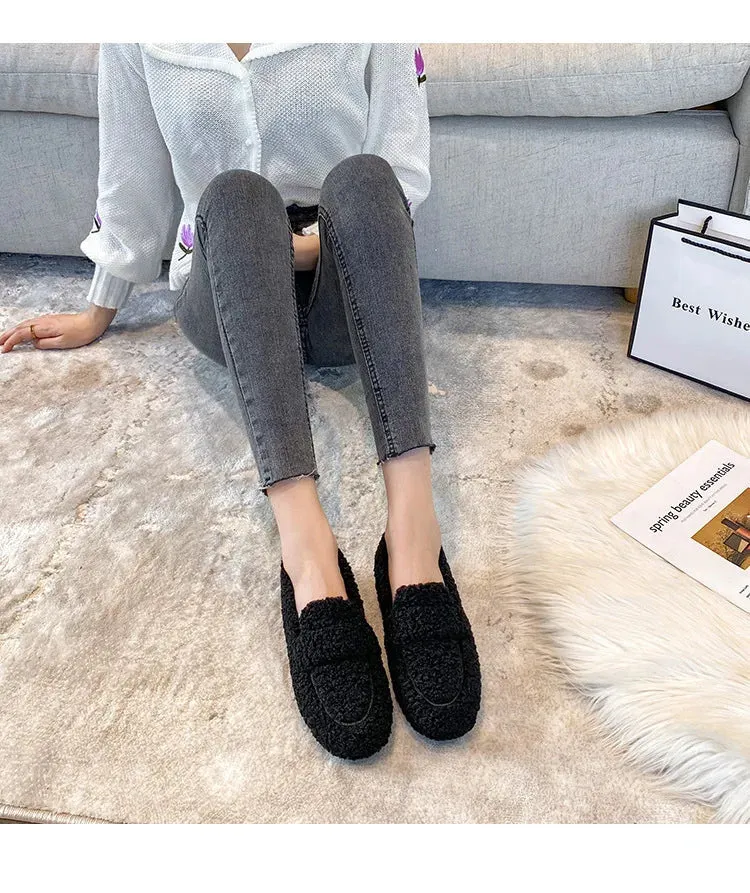 Warm Outdoor Shoes Plush Design British Style White Snow Boots Ladies' Casual Flats New Women's Winter