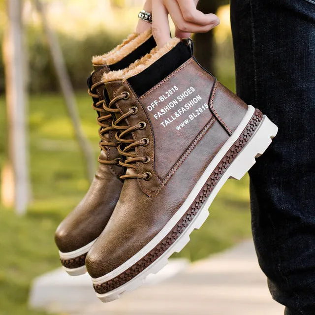 Winter Boots Men with Fur Warm Fleeces Leather Shoes High Lace-up Snow Boots Platform Cotton Footwear Retro Design Anti-skid