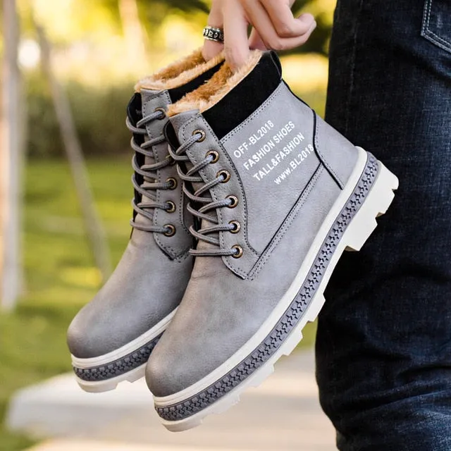 Winter Boots Men with Fur Warm Fleeces Leather Shoes High Lace-up Snow Boots Platform Cotton Footwear Retro Design Anti-skid