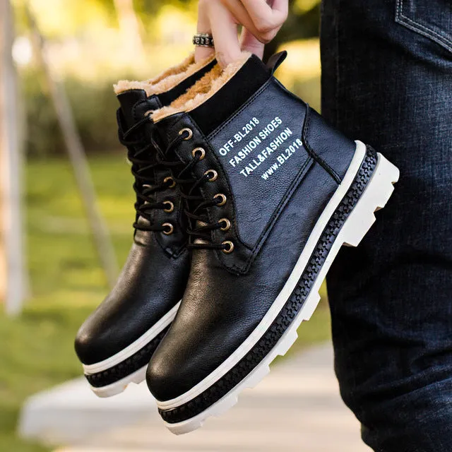 Winter Boots Men with Fur Warm Fleeces Leather Shoes High Lace-up Snow Boots Platform Cotton Footwear Retro Design Anti-skid