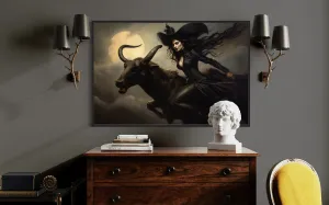 Witch Flying on A Black Goat at Full Moon Halloween Wall Art